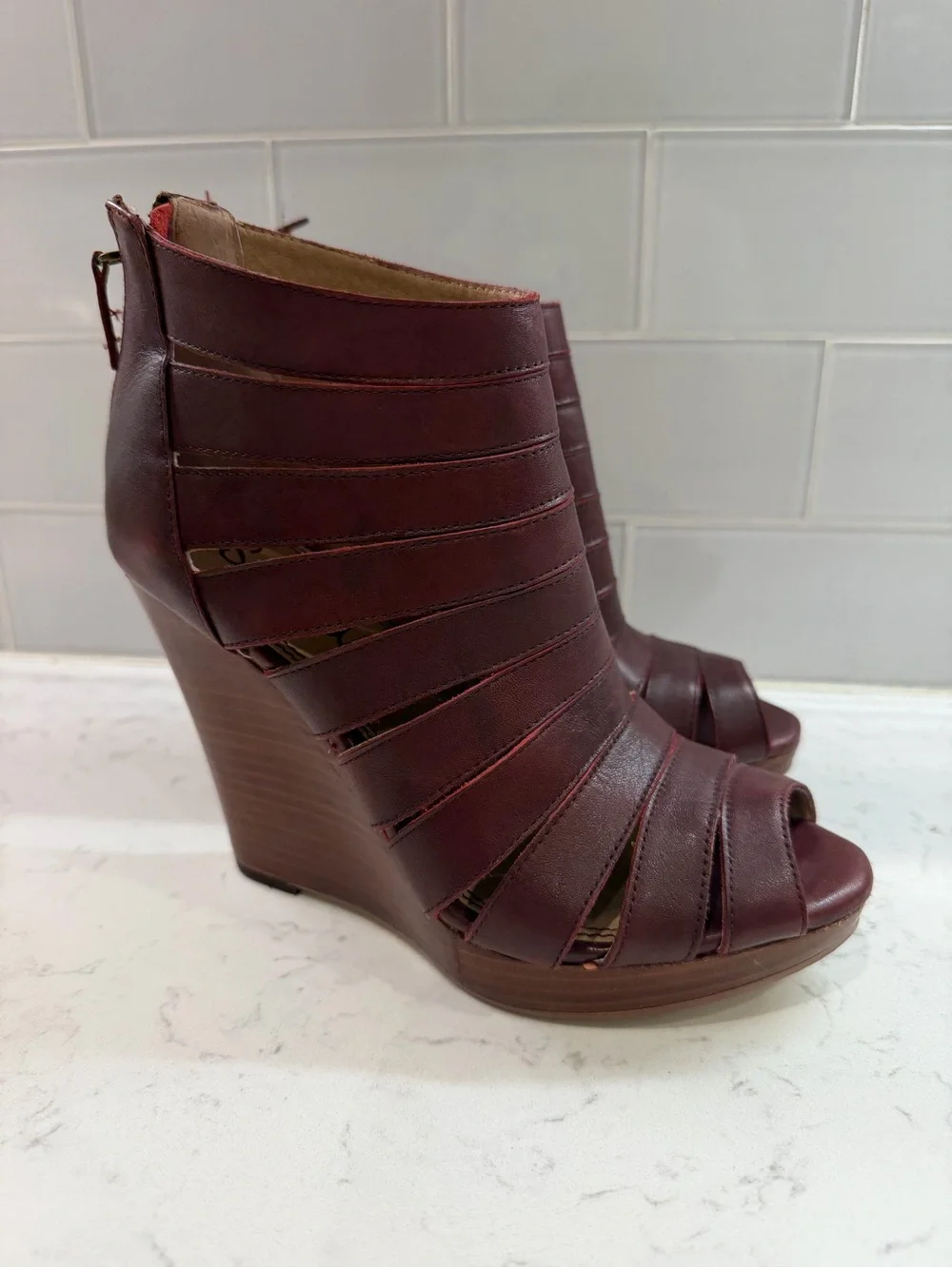 Splendid Burgundy Strappy Peep-Toe Wedge Booties